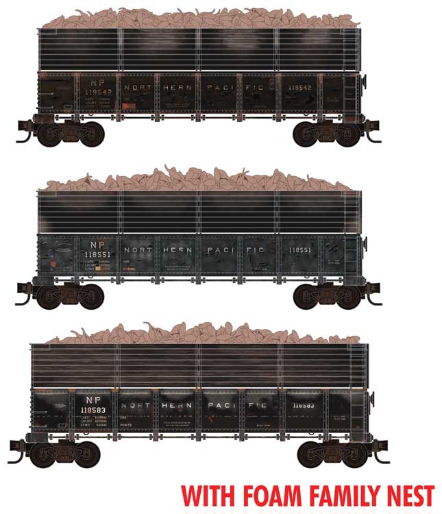 40' Drop-Bottom Gondola, Extentions & Sugar Beet Load 3-Pack Ready to Run Fo -- Northern Pacific #118583, 118551, 118542 (Weathered, black)