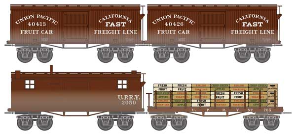 Civil War Era 2 Boxcar, Flatcar w/Load, Conductor Car - Ready to Run -- Union Pacific 40413, 40426, 765, 2050 (Boxcar Red, Fast Freight Markings)
