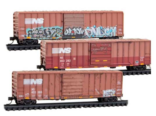 50' Rib-Side Single-Door Boxcar No Roofwalk 3-Pack - Ready to Run -- Norfolk Southern #403233, 403282, 403365 (Weathered, Boxcar Red, Graffiti)