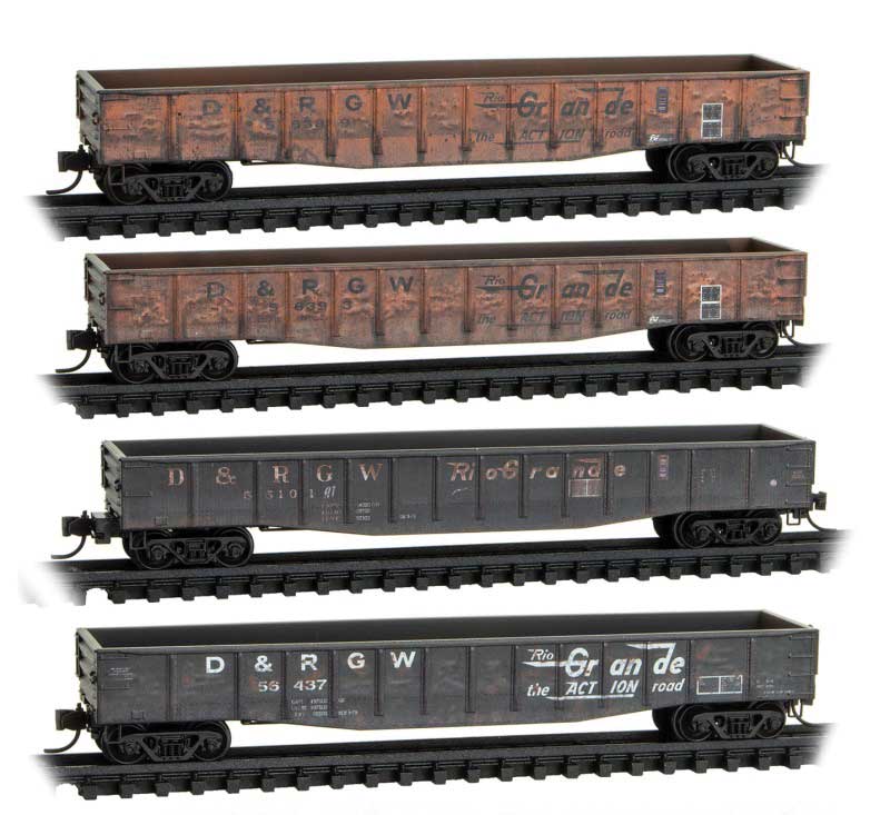 50' Steel Gondola 4-Pack Foam Nest - Ready to Run -- Denver & Rio Grande Western #56389, 56393, 55101, 55437 (Weathered)