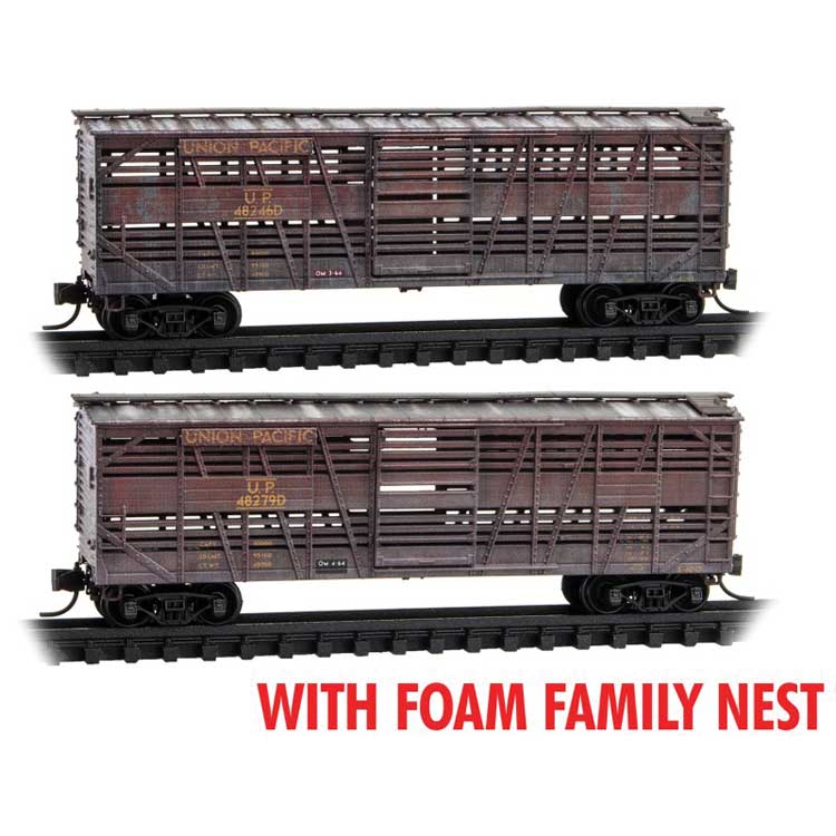 40' Despatch Stock Car 2-Pack Foam Nest - Ready to Run -- Union Pacific #47470D, 47483D (Weathered, yellow, red, silver)