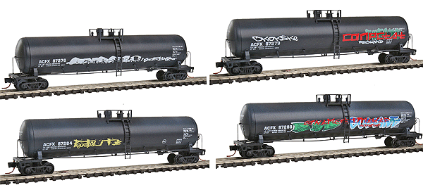 56' General Service Tank Car 4-Car Runner Pack - Ready to Run -- ACFX #87276, 87288, 87279, 87284 (black, Weathered w/Graffiti)