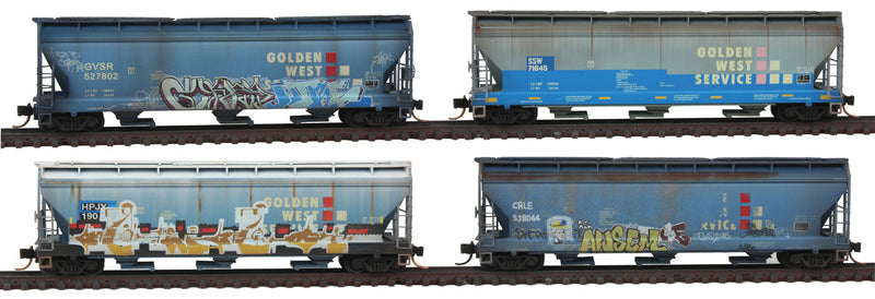 ACF 3-Bay Center Flow Covered Hopper w/Elongated Hatches 4-Pack - Ready to Run -- Golden West Service (4 Different Cars w/Weathering and/or Graffiti)