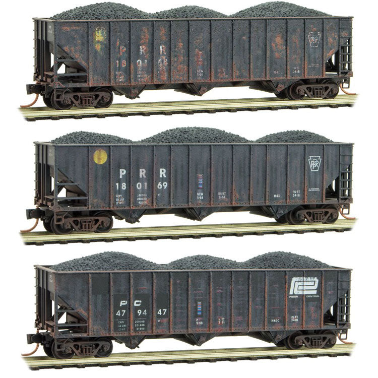 100-Ton 3-Bay Ribside Open Hopper, Coal Load 3-Pack - Ready to Run -- Pennsylvania Railroad 180164, 180169, Penn Central 479447 (Weathered, black)