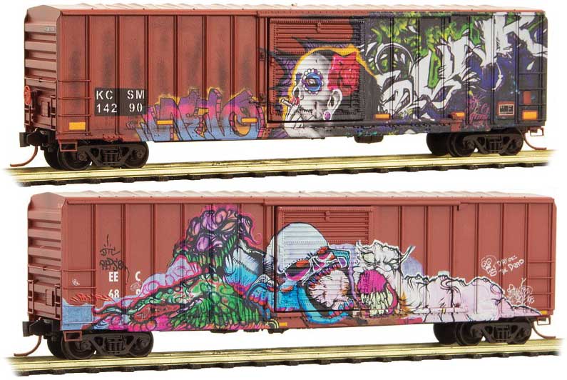 50' Rib-Side Single-Door Boxcar No Roofwalk 2-Pack - Ready to Run -- EEC 689, KCSM 14290 (Weathered, Boxcar Red, Day of the Dead Graffiti)