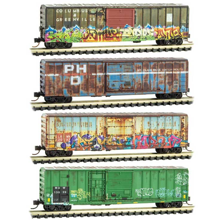 Weathered and Graffitied Per Diem 50' Boxcar 4-Pack - Ready to Run -- 1 Each: Columbus & Greenville; Port Huron & Detroit; Little Rock & Western; MD