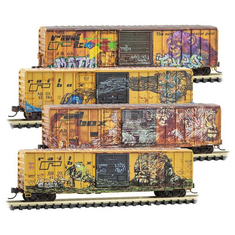 50' Rib-Side Boxcar 4-Pack - Ready to Run -- Railbox (Weathered, yellow, black, Great Apes Graffiti)