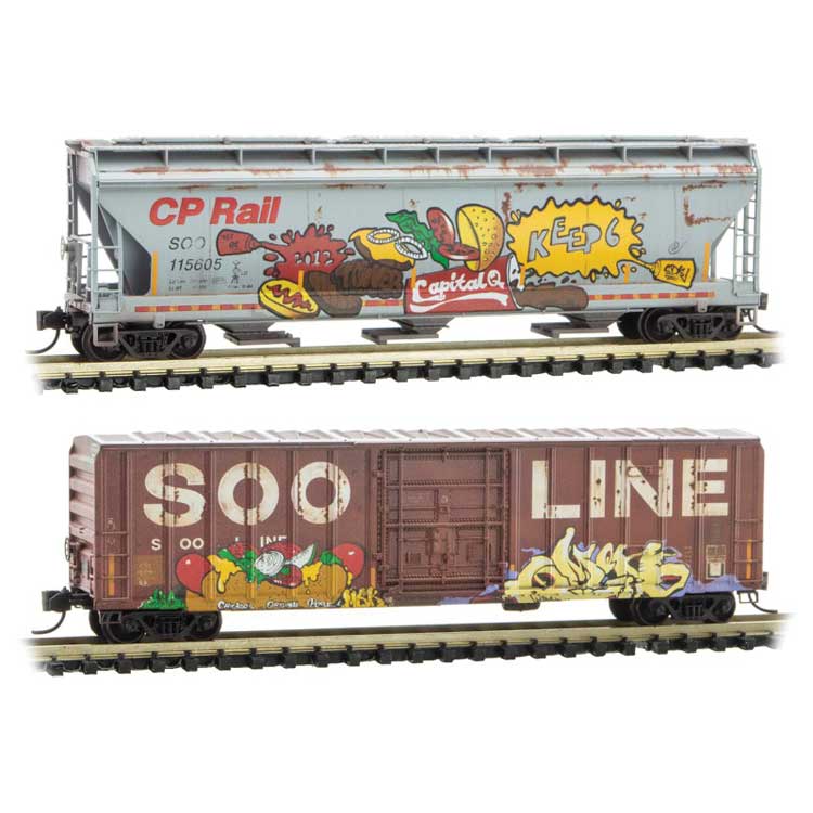 ACF 3-Bay Covered Hopper, 50' Rib-Side Plug Door Boxcar Set - Ready to Run -- Canadian Pacific 115605, Soo Line 18752 (Weathered, Picnic Graffiti)