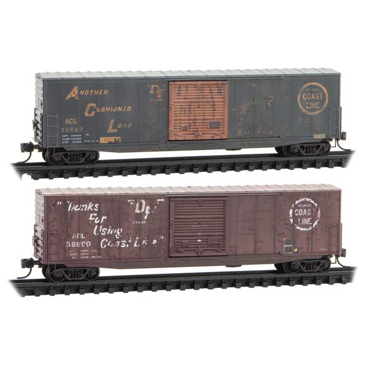 50' Boxcar with 10' Door, No Roofwalk, Short Ladders 2-Pack - Ready to Run -- Atlantic Coast Line 35687, 38690 (Weathered, 1 Each blue, Boxcar Red)
