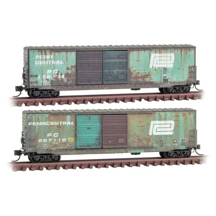 50' Double-Door Boxcar w/8' Doors, No Roofwalk 2-Pack - Ready to Run -- Penn Central 172638, 267116 (Weathered, Jade Green)