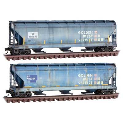 ACF 3-Bay Center Flow Covered Hopper w/Elongated Hatches 2-Pack - Ready to Run -- Golden West Service SP 496071, 496304 (Weathered, blue, red, yellow)