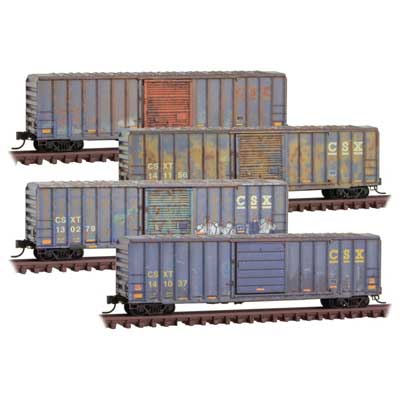 50' Rib-Side Single-Door Boxcar No Roofwalk 4-Pack- Ready to Run -- CSX 141262, 141156, 130279, 141037 (Weathered, blue, yellow, Graffiti)