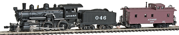 Santa Fe Vintage Poster Loco & Caboose Only Set - Standard DC -- 4-4-0 Steam Loco Santa Fe #046 (black), Caboose #1206 (Boxcar Red)