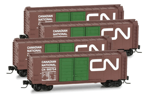 40' Double-Door Boxcar 4-Car Runner Pack - Ready to Run -- Canadian National #583682, 583754, 583776, 583798 (Boxcar Red, green, Noodle