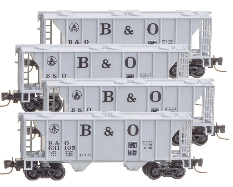 PS-2 70-Ton 2-Bay Covered Hopper 4-Car Runner Pack - Ready to Run -- Baltimore & Ohio #631105, 631123, 631139, 631140 (gray, Large B&O)