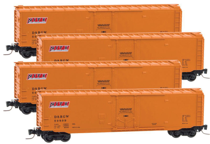 50' Plug-Door Boxcar 4-Car Runner Pack - Ready to Run -- NITX/Denver & Rio Grande Western #50809, 50835, 50852, 50867 (orange)