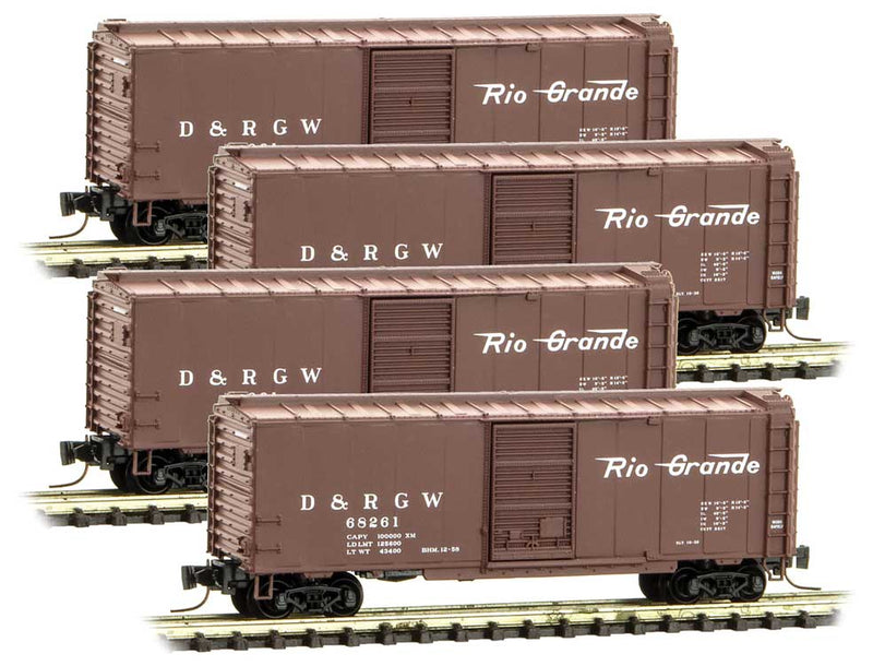 40' Single-Door Boxcar 4-Pack - Ready to Run -- Denver & Rio Grande Western 68257, 68261, 68285, 68324 (Boxcar Red)