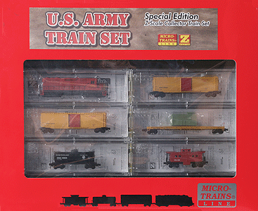 U.S. Army Freight Trainset #2 -- GP35 Loco, 50' Flatcar, 40' Tank Car, (2) 50' Boxcars, Cupola Caboose
