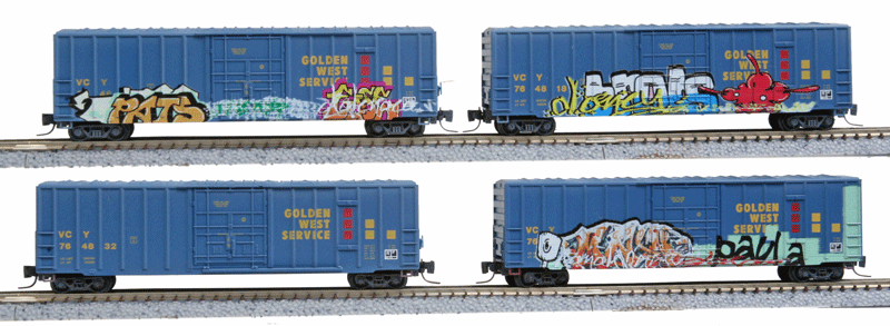 50' Rib-Side Plug-Door Boxcar No Roofwalk 4-Car Runner Pack - Ready to Run -- Golden West Service VCY (Weathered, blue, yelllow, red w/Graffiti)