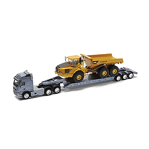 European Tractor/Trailer - Volvo FH Cabover w/3-Axle Lowboy Trailer -- w/Volvo A40D Articulated Dump Truck Load (gray truck & trailer)