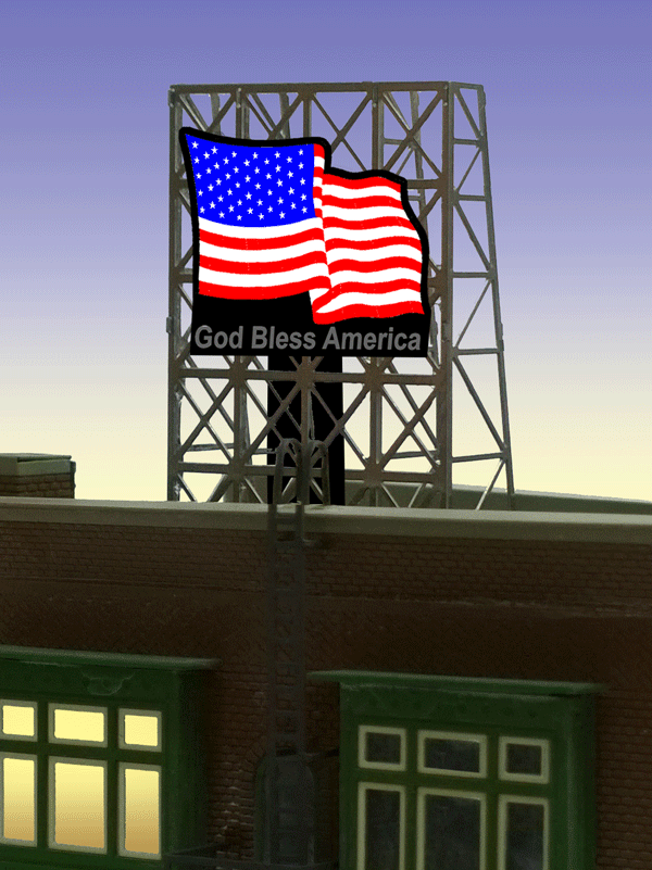 U.S. Flag Animated Rooftop Neon Billboard -- Small for N & Z Scales Lattice Support Size: 1 x 1-3/8" 2.5 x 3.4cm-1