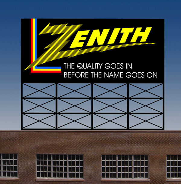Zenith Animated Neon Rooftop Billboard - Light Works USA(TM) -- 2-3/8 x 1-15/16" 6.1 x 5cm For HO & O Scales