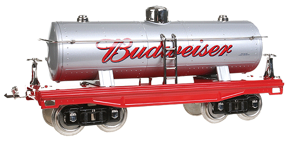 Lionel Corp. #215 Oil Car (Tank Car) - 3-Rail Standard Gauge - Ready to Run -- Budweiser (silver, red)