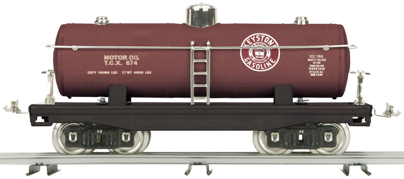 #215 Tinplate Standard Gauge Tank Car - 3-Rail - Lionel Corp. -- Keystone Gasoline #674 (brown)