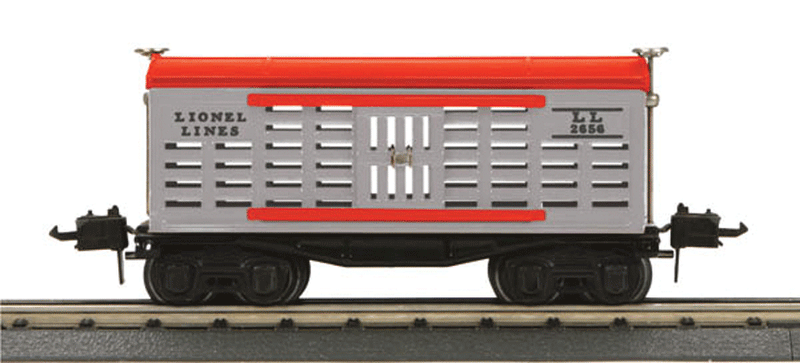 Lionel Corp. #2656 Stock (Cattle) Car - 3-Rail - Ready to Run -- Lionel Lines (gray, red, nickel)
