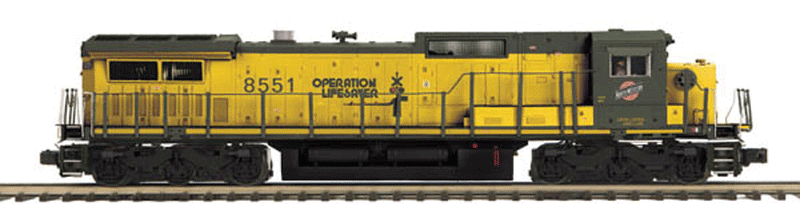 Premier Diesel Dash 8-40C w/Proto-Sound(R) 2.0 & Hi-Rail Wheels - 3-Rail -- Chicago & North Western #8551 yellow, green, Operation Lifesaver Logo)