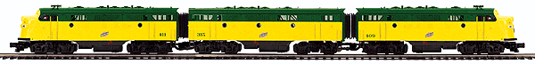 RailKing Premier Diesel EMD F7 A-B-A Set w/Proto-Sound 3.0, DCS, Scale Wheel -- Chicago & North Western #411, 315, 409 (yellow, green)