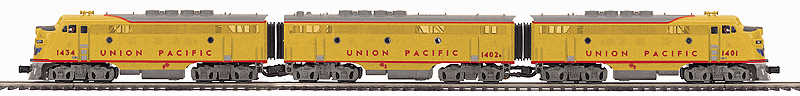 EMD F3 ABA Set w/Proto-Sound 3.0 & Hi-Rail Wheels - 3-Rail - Premier(R) -- Union Pacific 1401, 1402B, 1434 (Armour Yellow, gray)