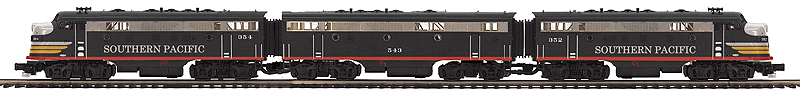 EMD F7 A-B-A Set w/Proto-Sound 3.0 - 3-Rail - Premier(R) -- Southern Pacific 352, 543, 354 (Black Widow, black, red, orange, silver)