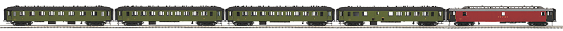 OCEM 5-Car Passenger Set, Hi-Rail Wheels - 3-Rail - Ready to Run - Premier -- French National Railways SNCF (maroon Baggage, green Coaches)-1