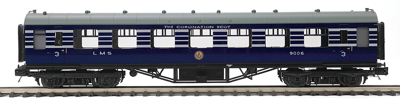 LMS Standard Passenger Car - 3-Rail - Ready to Run - Premier -- London, Midland & Scottish Railway #9006 (Coronation Scot, blue, gray)