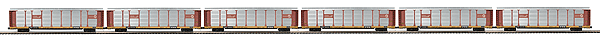 Premier Corrugated Enclosed Auto Carrier 6-Pack - 3-Rail - Ready to Run -- Conrail Rack (brown), TTX Flatcar (yellow)
