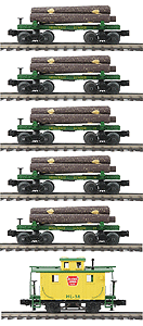 Premier Skeleton Log Car 5-Pack w/4-Wheel Wood Caboose 3-Rail - Ready to Run -- Hillcrest Lumber w/Log Loads: Green & Yellow Caboose