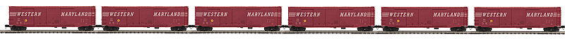50' PS-1 Double-Door Boxcar 6-Pack - 3-Rail - Ready to Run - Premier(R) -- Western Maryland Set #1 (Boxcar Red, white, Speed Lettering)