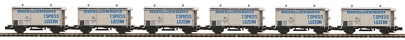 Premier European Beer Reefer w/Hi-Rail Wheels 6-Pack - Ready to Run -- Brauerei Loewengarten (Rorschach, Switzerland; cream, blue)