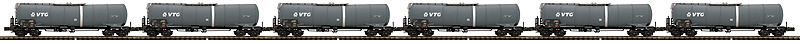 Premier European Modern Tank Car w/Hi-Rail Wheels 6-Pack - Ready to Run -- VTG Rail (Germany; black, white)