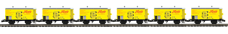Premier European Beer Reefer w/Hi-Rail Wheels - 3-Rail - Ready to Run -- Maggi (yellow, red, green, German Lettering)
