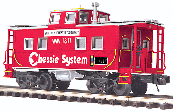Premier Center-Cupola Steel Caboose w/Light & Brakeman - 3-Rail - Ready to Run -- Chessie/WM (red, white, Safety Slogan)