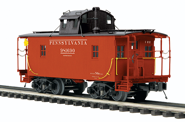 Premier N6b Wood Caboose w/Light & Brakeman Figure - 3-Rail - Ready to Run -- Pennsylvania Railroad (Tuscan, black)