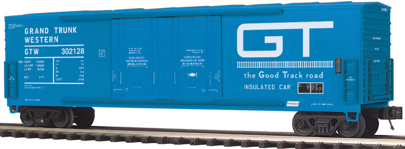 50' Double-Plug-Door Boxcar - 3-Rail - Ready to Run - Premier(R) -- Grand Trunk Western (blue, white, Good Track Road Logo/Slogan)