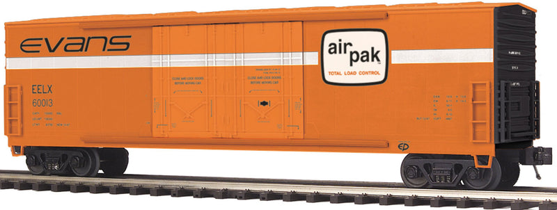 50' Double-Plug-Door Boxcar - 3-Rail - Ready to Run - Premier(R) -- Evans Leasing EELX (orange, whire, black, Air Pak Markings)