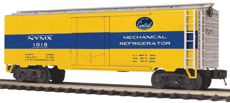 40' Steel Reefer - 3-Rail - Ready to Run - Premier -- New York Central NYMX (yellow, blue, Script Logo)