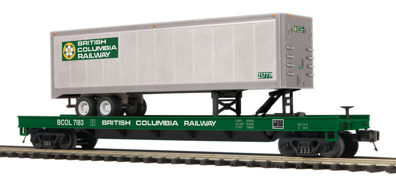 Flatcar w/40' Trailer - 3-Rail - Ready to Run - Premier(R) -- British Columbia Railway (Green Flat, Silver Trailer; Dogwood Logo)