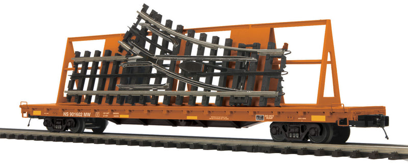 60' Flatcar w/ScaleTrax O-31 Turnout Load - 3-Rail - Ready to Run - Premier(R) -- Norfolk Southern (MOW Scheme, orange)
