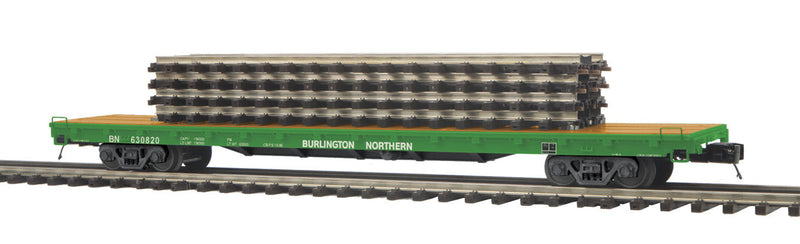 60' Flatcar w/4 ScaleTrax 10" Straight Load - 3-Rail - Ready to Run - Premi -- Burlington Northern (Cascade Green)-1
