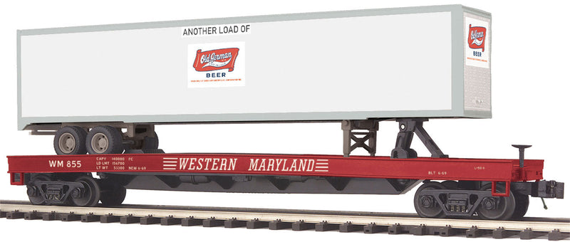 Flatcar w/48' Trailer - 3-Rail - Ready to Run - Premier(R) -- Western Maryland (Boxcar Red, Speed Lettering w/white Beer Trailer)